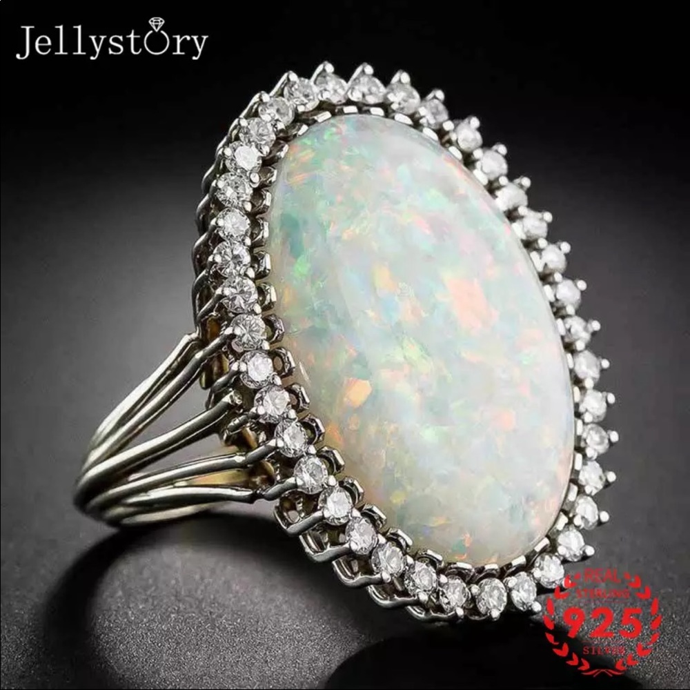 Silver 925 Oval Shape Opal Zircon Gemstone Ring
